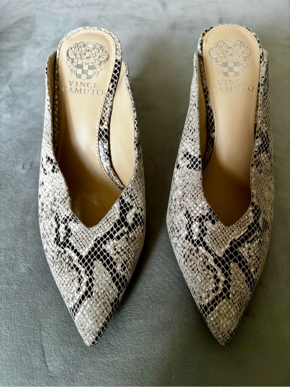 Vince Camuto Beige and Black Snake-Print Pointed Toe Mules